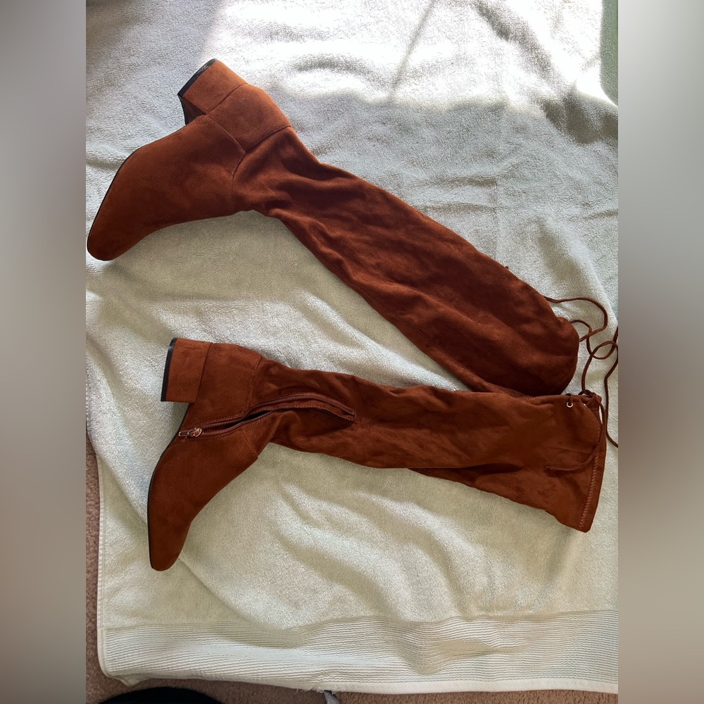 Over the need faux suede boots-never worn. Color cognac